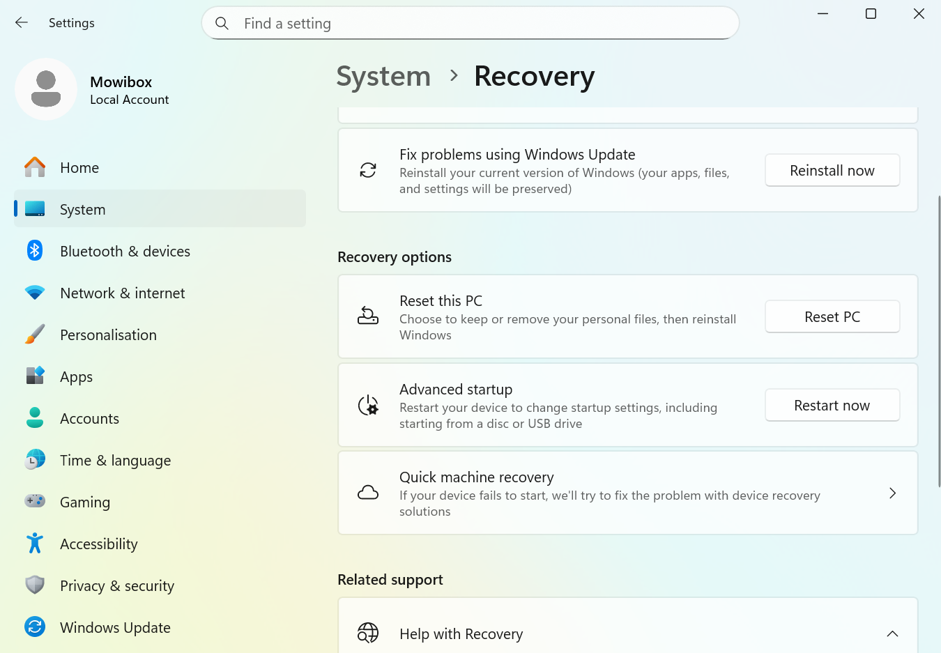 Advanced startup settings