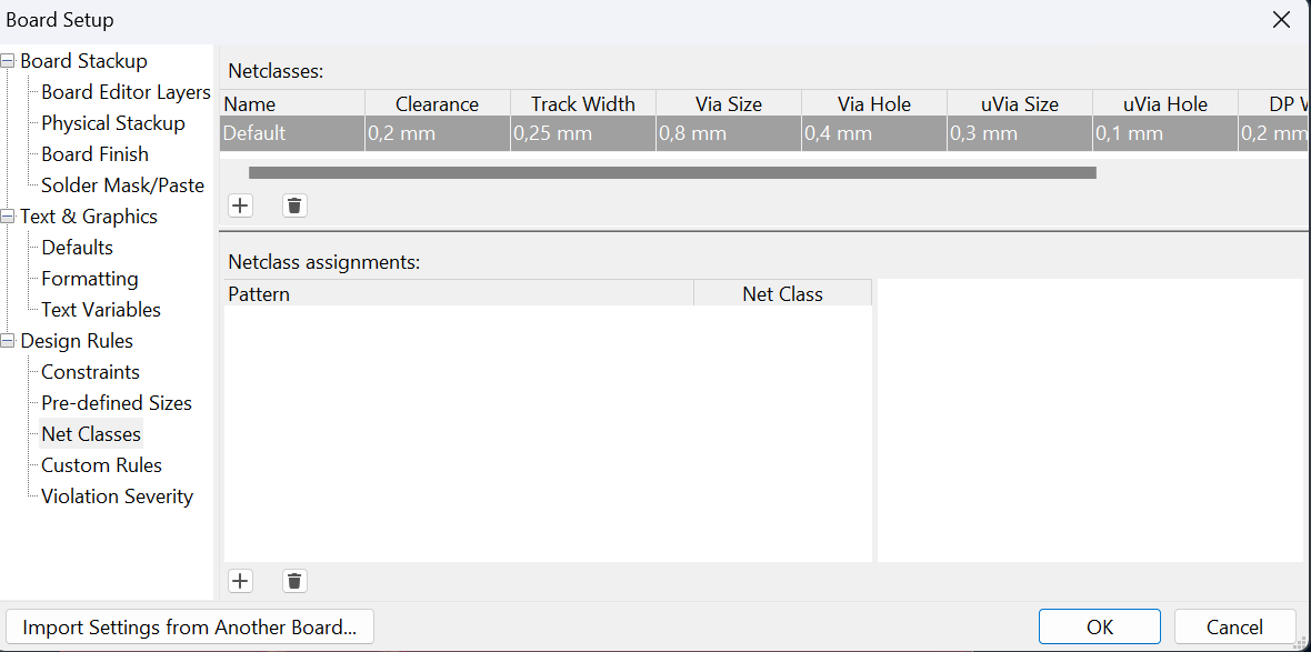 Net classes window