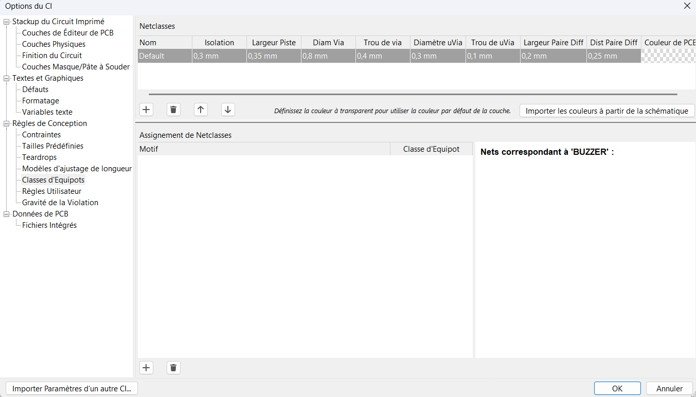 Net classes window